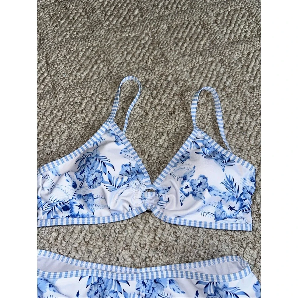 Women's Blue White Floral 2-Piece Bikini Bralette High-Waisted Stretch Small EUC